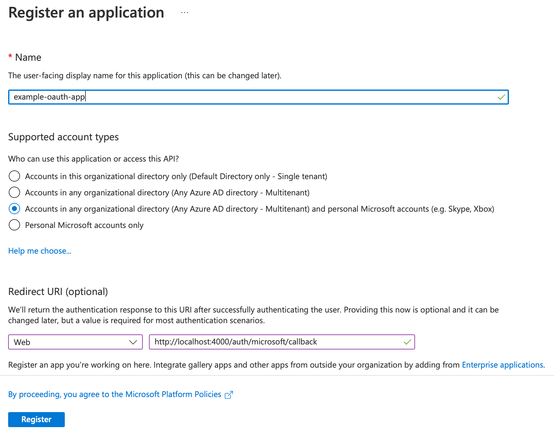 Microsoft App Registration Form